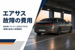 駐車場で片側の車高が少し下がった大型の高級セダン