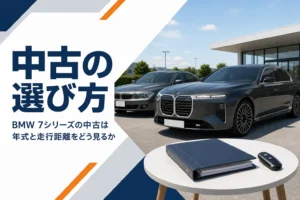 展示場に並ぶ2台の大型セダンと記録簿・スマートキーが置かれたテーブル