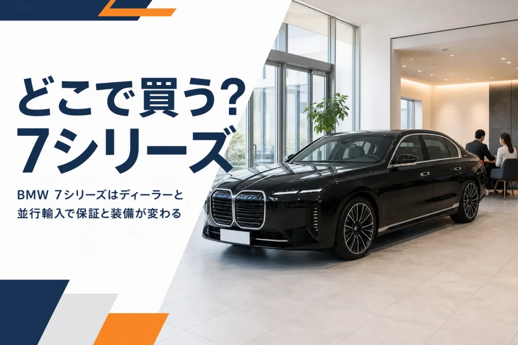 輸入車ショールームに置かれた大型セダンと商談スペース