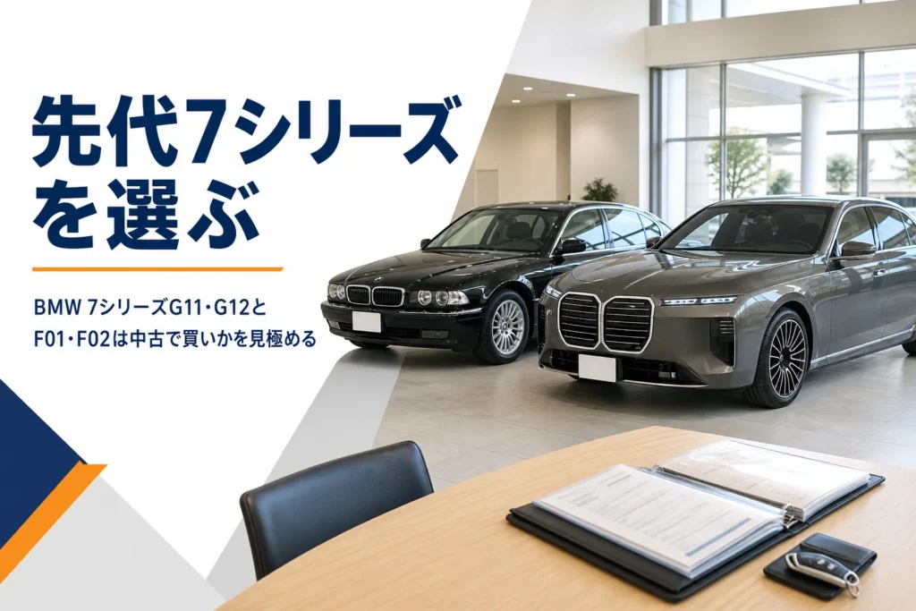 整備記録簿を前に先代の大型高級セダンを見比べるイメージ