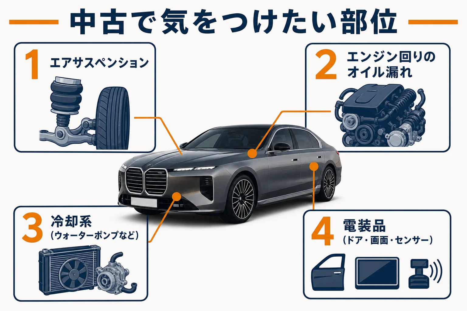 中古の7シリーズで確認したい主な故障部位の図解