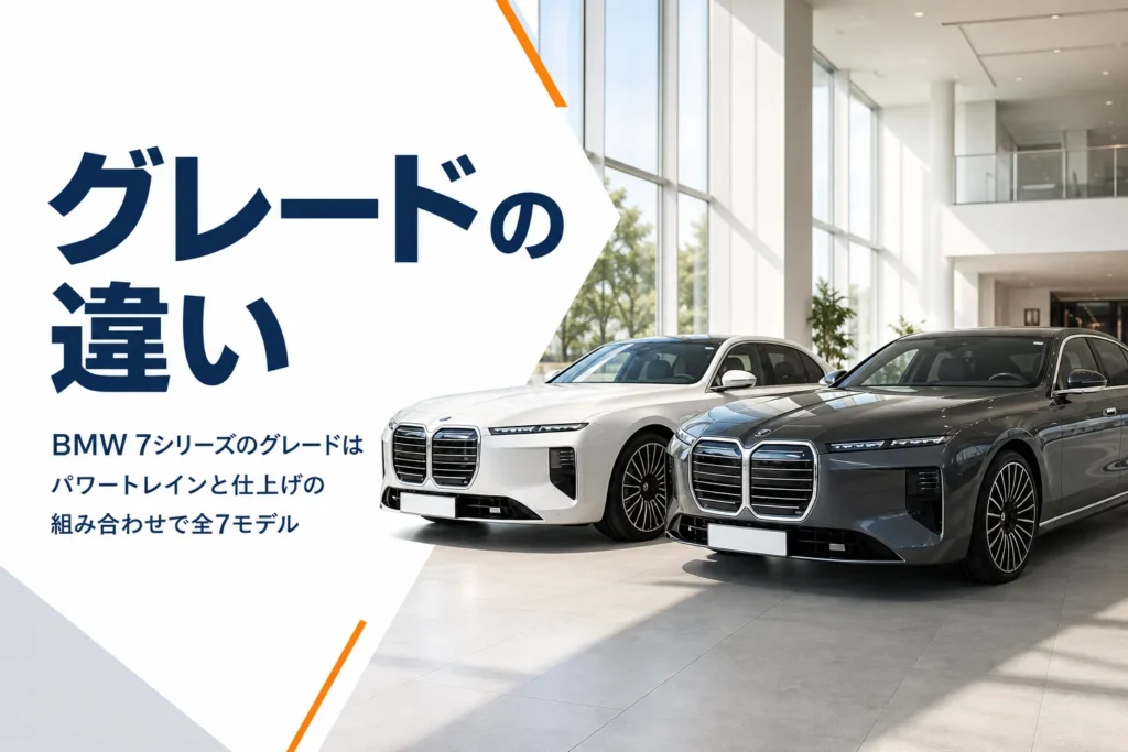 ショールームに並んだ白と濃いグレーの大型高級セダン