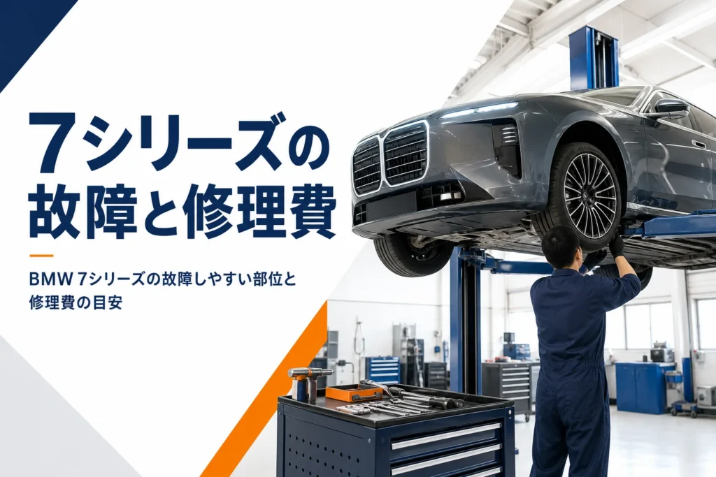 整備工場のリフトに上げられた大型の高級セダン