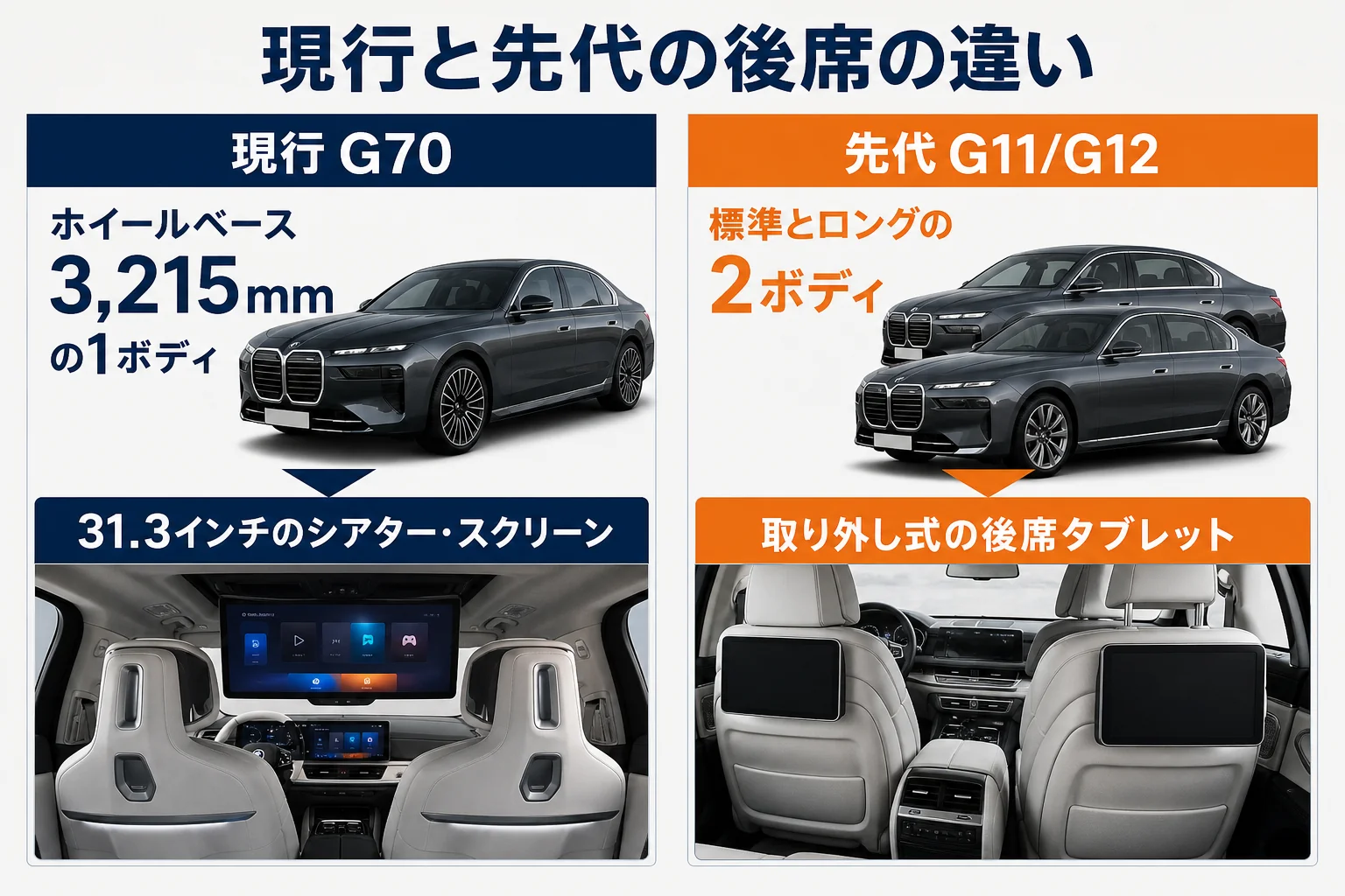 現行7シリーズと先代G11・G12の後席の違いを並べた図解