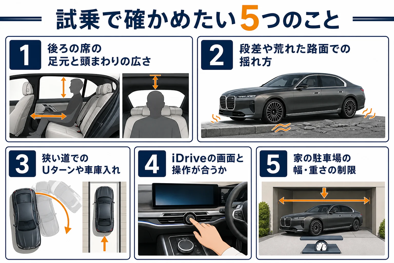 7シリーズの試乗で確かめたいことを順番に並べた図解