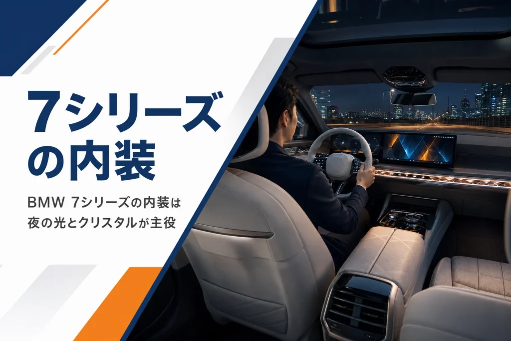 夜の高級セダンの車内に光るダッシュボードと曲面ディスプレイ