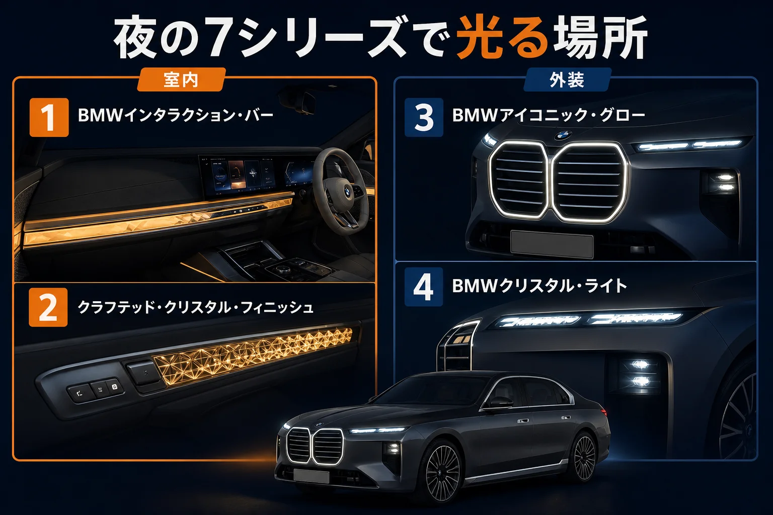 BMW 7シリーズの夜の内装で光る場所を示した図解