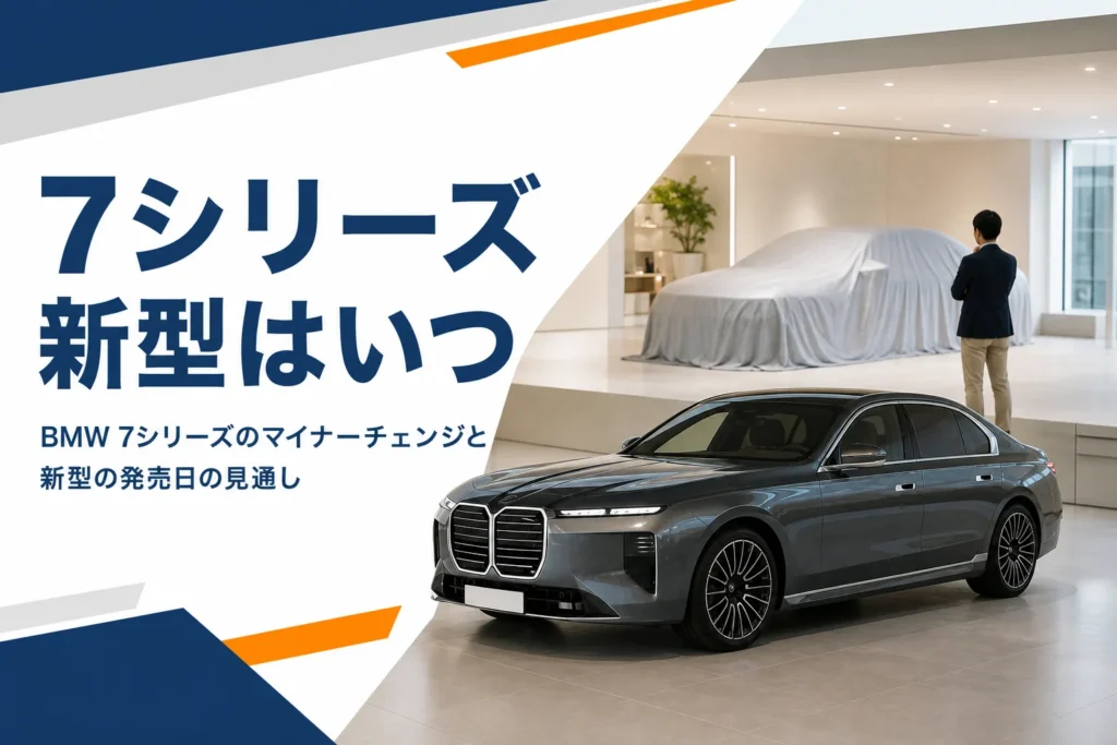 カバーを掛けた新型と現行型の大型高級セダンが並ぶショールームのイメージ