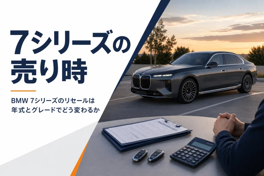 大型の高級セダンと整備記録・スマートキー・電卓が置かれたテーブル