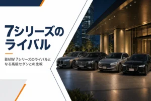 夜の車寄せに並ぶ形の違う大型高級セダンを見比べるイメージ