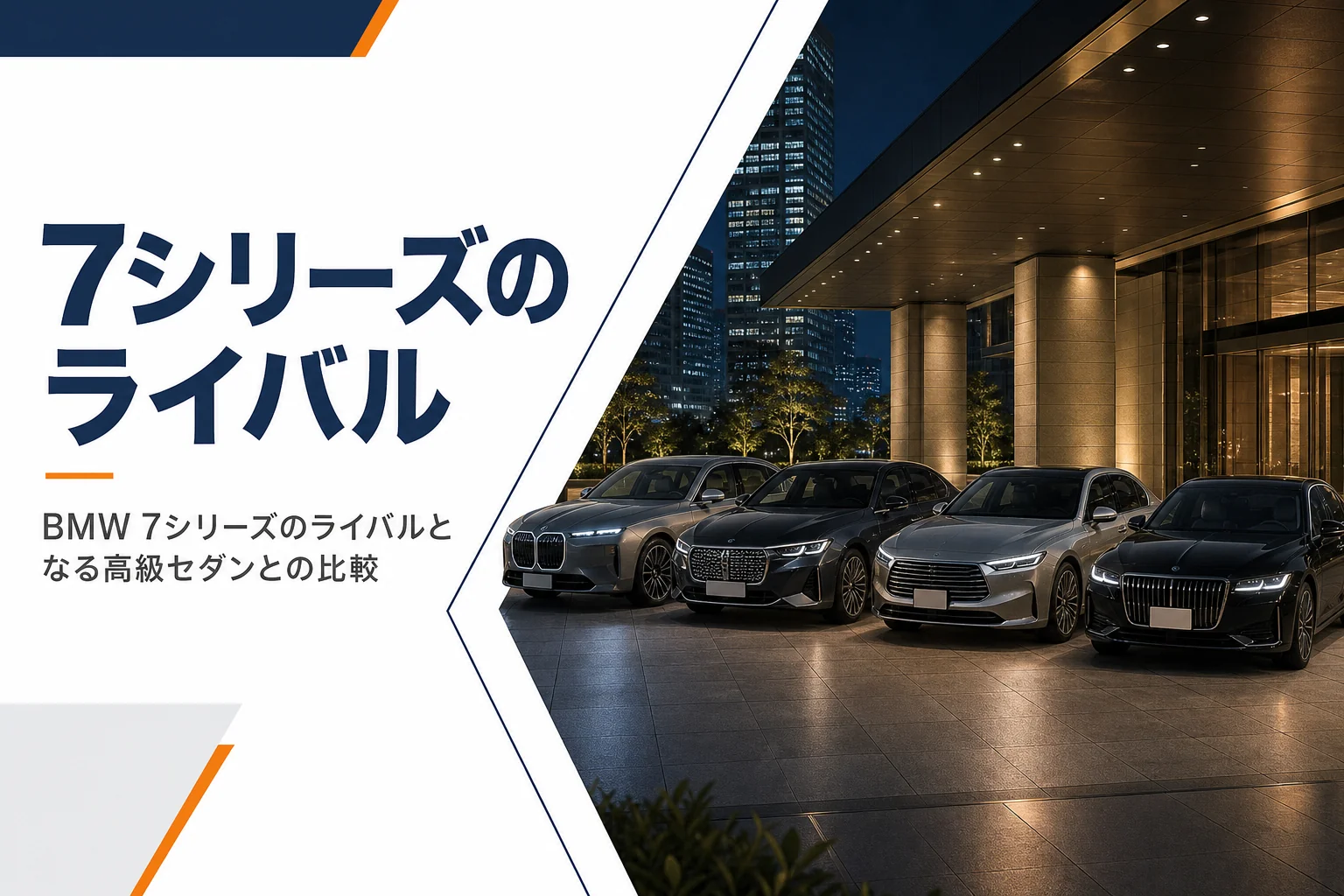 夜の車寄せに並ぶ形の違う大型高級セダンを見比べるイメージ