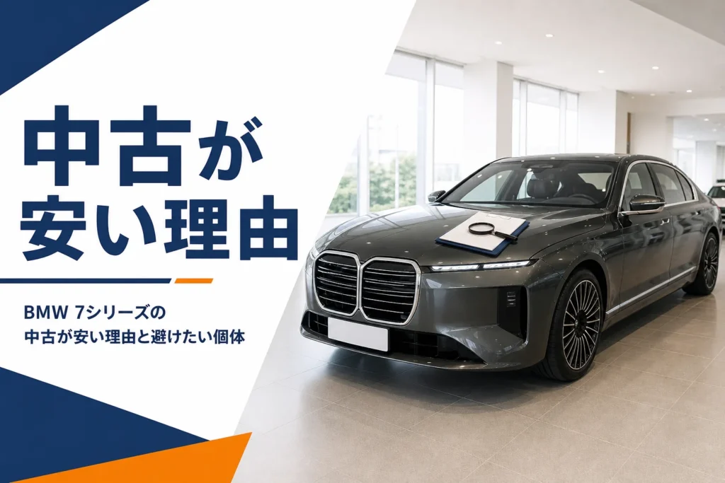展示場の大型セダンのボンネットに置かれた点検記録簿と虫眼鏡